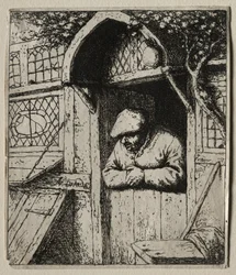 Paysan appuyé sur sa porte