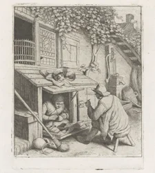Cordonnier dans un atelier devant sa maison