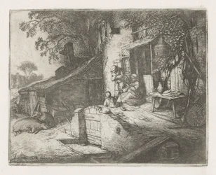 Femme filant devant une maison