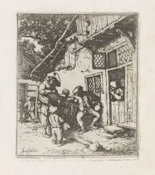 Deux musiciens devant une maison