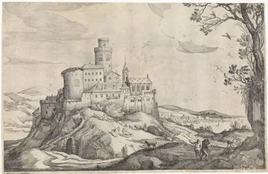 Paysage avec un château sur une montagne