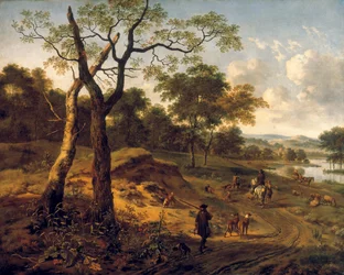 Paysage boisé du soir avec un chasseur et des chiens