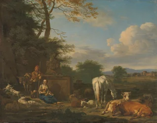 Paysage arcadien avec bergers et animaux au repos