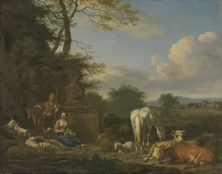 Paysage arcadien avec bergers et animaux au repos, 1664