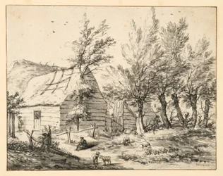 Ferme derrière une rangée de saules têtards
