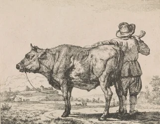 Homme debout avec un taureau