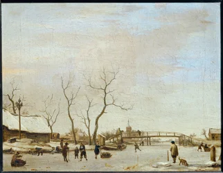 Riviere gele avec patineurs et joueurs de hoquet …
