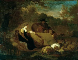 Berger et bergère avec leur troupeau près d