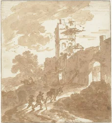 Paysage italianisant avec un chemin menant à une porte de ville