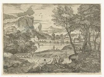 Paysage avec trois personnes le long d