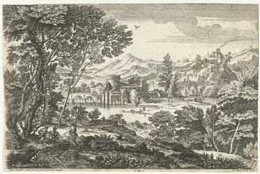 Paysage avec trois personnes sous un arbre