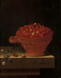 Un bol de fraises sur un socle en pierre, 1696
