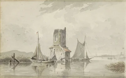 Paysage fluvial avec une tour