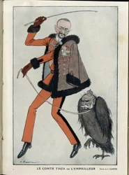 Illustration de A Barrere (1874-1931) dans "Fantasio", 01/04/15 - Comte Tisza ou le bourreur - Guerre de 14-18, Autriche, Hongrie - Aigle, François-Joseph 1er d