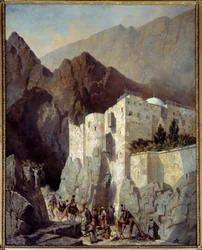 Vue du couvent de Sainte Catherine au Mont Sinaï. Peinture par Adrien Dauzats (1804-1868) 1845