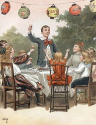 Un jeune garçon fait un discours, des enfants trinquent, illustration par Adrien Marie dans le livre Tout à la joie de Zari, publication Émile Guérin 1890