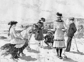 Enfants jouant au croquet sur la plage. Gravure par Adrien Marie dans « Le Monde Illustré » n°1277 du 17 septembre 1881