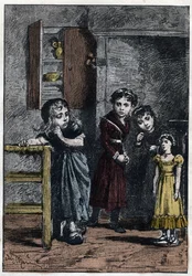 Les deux filles de Thénardier, Éponine et Azelma, regardent Cosette qui a reçu la poupée Catherine - Illustration d