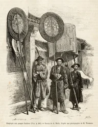 Trois travailleurs funéraires à Pékin (illustration du voyage à Pékin et en Chine du Nord, par T. Choutze, 1873, publié dans "Le tour du monde" 1876)