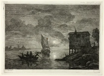 Scène de port au clair de lune avec ferry