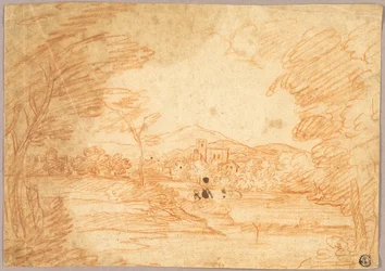 Paysage fluvial avec bâtiments