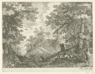 Paysage forestier avec deux chasseurs et un chien