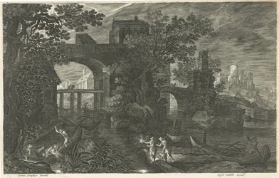 Scène nocturne avec des pêcheurs sur une rivière