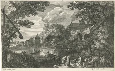 Paysage fluvial avec pêcheurs et ouvriers