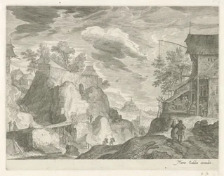 Paysage rocheux avec auberge et maisons