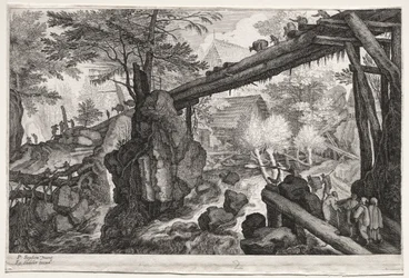 Huit paysages bohèmes : Paysage avec pont de rondins sur une cataracte