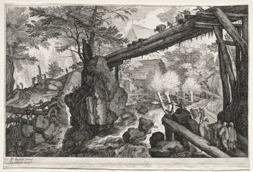 Huit paysages bohèmes : Paysage avec pont de rondins sur cataracte, vers 1610-1615