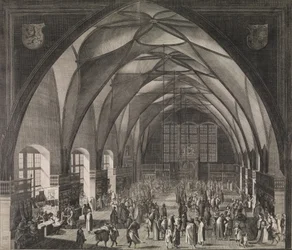Vue intérieure de la salle Vladislav au château de Prague pendant la foire annuelle, 1607