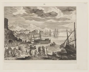Bord de mer avec pêcheurs et poissonniers