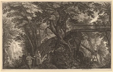 Paysage forestier avec deux hommes et une femme se reposant près d