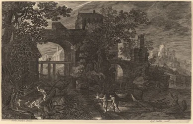Paysage nocturne avec des pêcheurs de rivière hors des murs de la ville