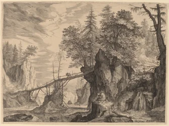 Dessinateur sur une pierre devant un pont