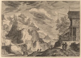 Paysage avec une auberge à droite et une maison sur des rochers à gauche