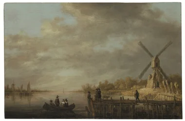 Un paysage fluvial avec un moulin à vent et des gentilshommes dans une barque et sur un quai au premier plan