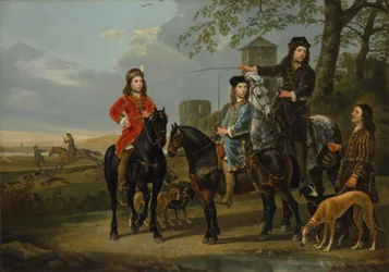Portrait équestre de Cornelis et Michiel Pompe van Meerdervoort avec leur tuteur et cocher, partant pour la chasse, vers 1652-53