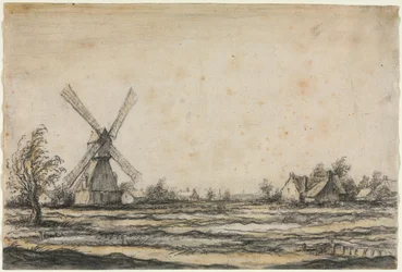 Paysage avec un moulin à vent près d
