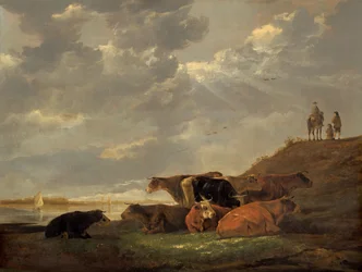 Paysage fluvial avec des vaches