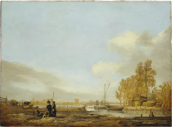 Paysage fluvial avec passerelle