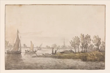 Paysage fluvial avec des voiliers