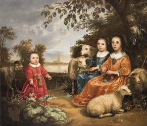 Trois filles avec des moutons dans un paysage