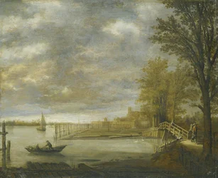 Vue de Dordrecht depuis le sud, au premier plan les parcs à bois