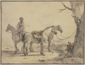 Deux chevaux sellés attachés à un arbre, avec un cavalier