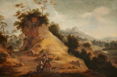 Paysage rocheux avec des chasseurs portant des costumes orientaux, conversant sur un sentier rocailleux