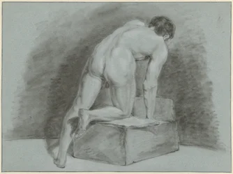 Nu masculin, penché en avant, vu de dos