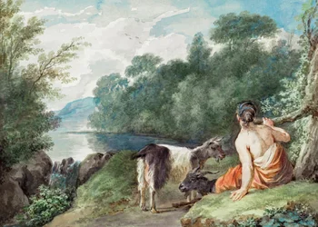 Une bergère avec ses chèvres dans un paysage avec un lac