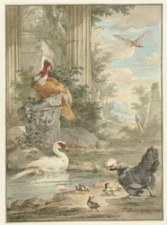 Dinde et autres oiseaux près de ruines classiques dans un parc